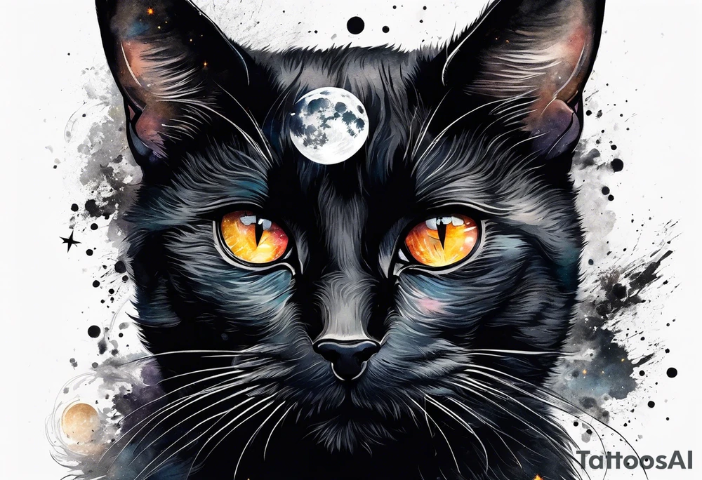 Photo realistic black cat head with moon and stars tattoo idea