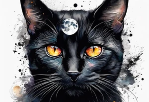 Photo realistic black cat head with moon and stars tattoo idea