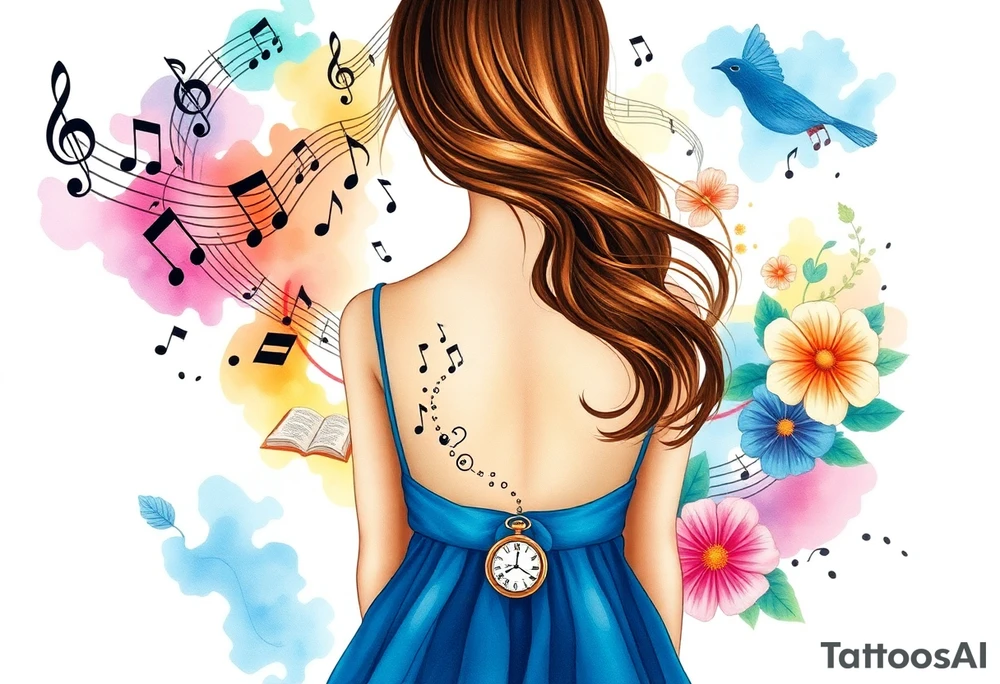 Back view of the silhouette of a brown hair girl in a blue dress. She is following a magical colorful swirl of music notes, books, and flowers. A pocket watch is at the end of the swirl. tattoo idea