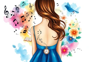 Back view of the silhouette of a brown hair girl in a blue dress. She is following a magical colorful swirl of music notes, books, and flowers. A pocket watch is at the end of the swirl. tattoo idea