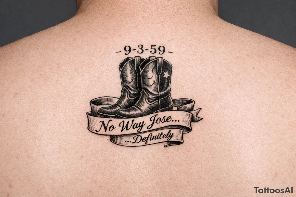 Can you do a minimalist neo, traditional Cow girl boots her birthday 9-3-59 and a banner that says no way Jose …. definitely no spurs this isn’t realistic. I want it very minimalist. tattoo idea