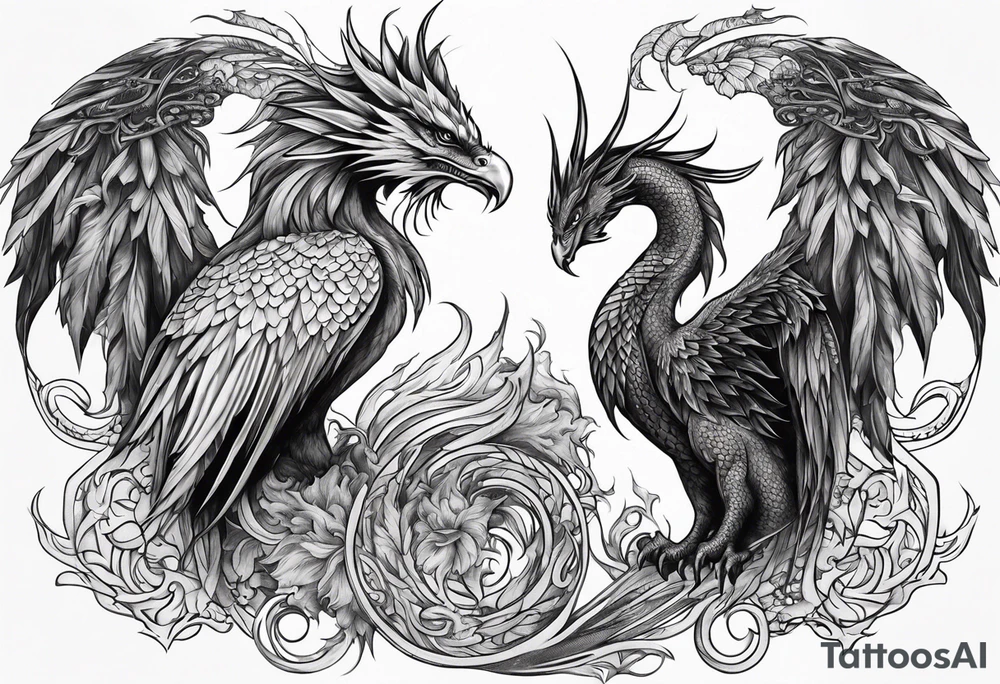 Phoenix bird and dragon tattoo idea