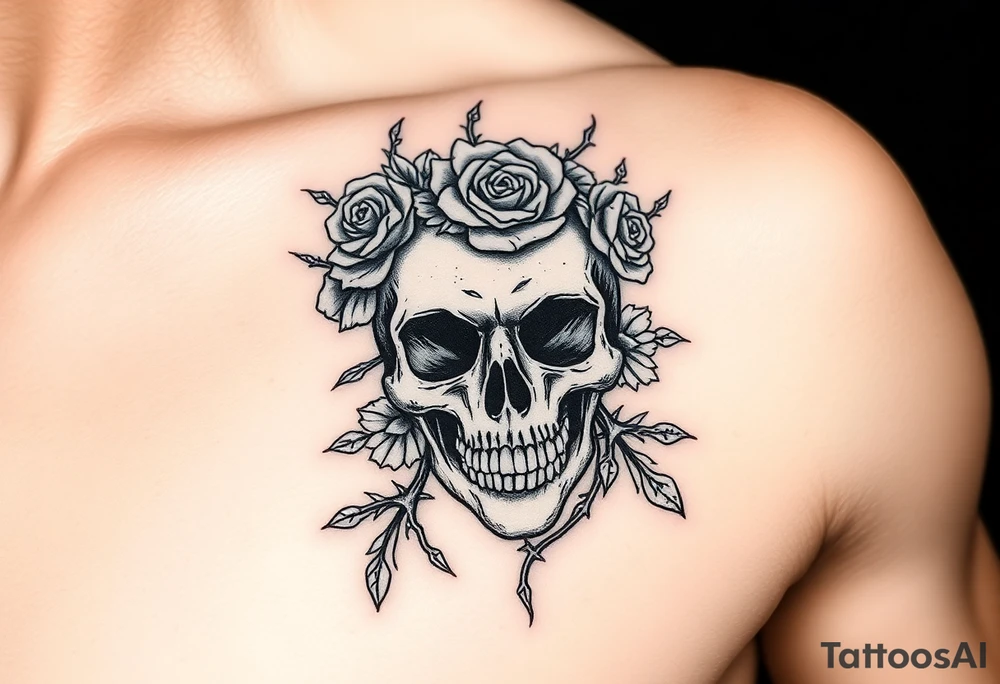 ornate skull adorned with crown of wild roses and thorns tattoo idea