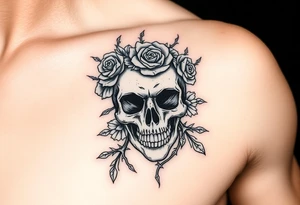 ornate skull adorned with crown of wild roses and thorns tattoo idea