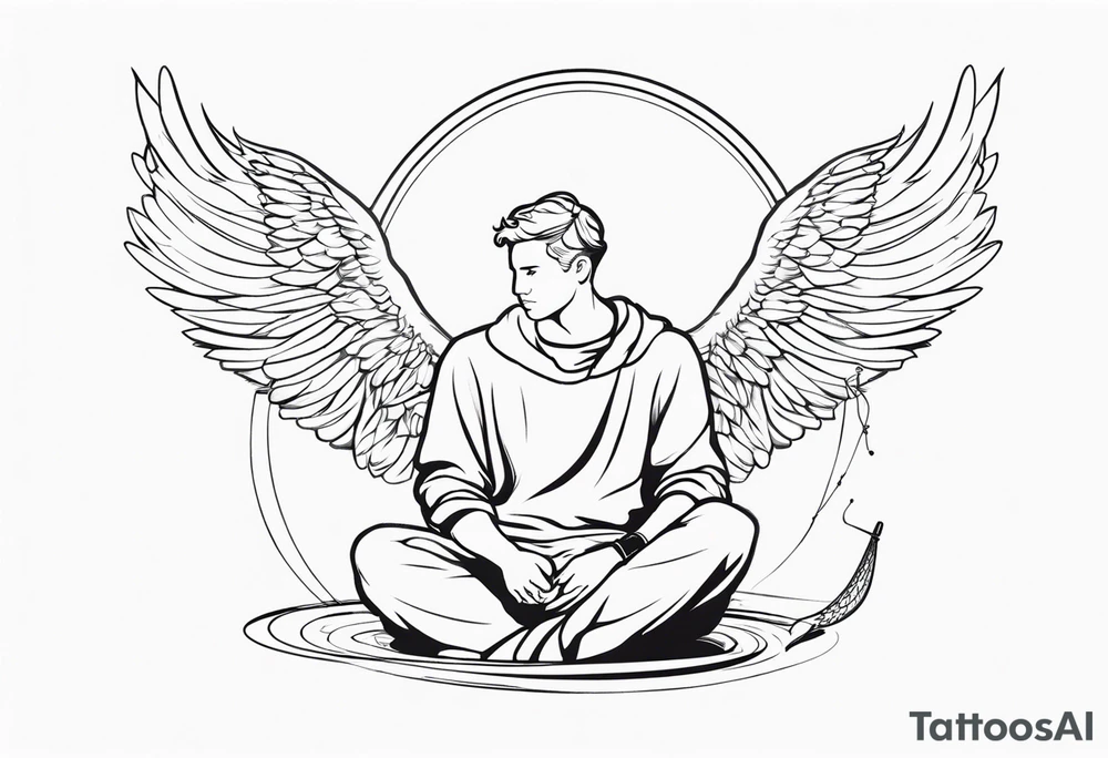 male angel with a halo sitting peacefully holding a modern fishing rod tattoo idea