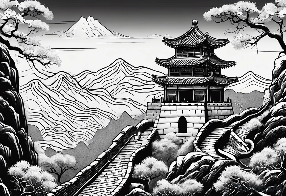 Rat behind Tiger and Snake on the great Wall of China with Temple tattoo idea