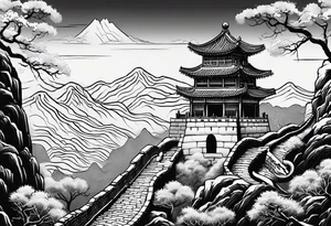 Rat behind Tiger and Snake on the great Wall of China with Temple tattoo idea