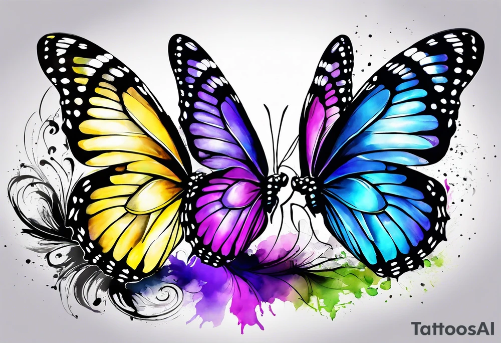 Three butterflies, two colorfull, one bw. Aquarelle tattoo. Colours blue, violet, green, yellow. tattoo idea