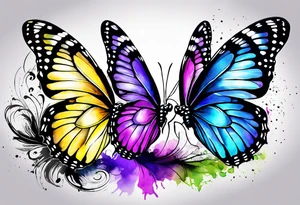 Three butterflies, two colorfull, one bw. Aquarelle tattoo. Colours blue, violet, green, yellow. tattoo idea