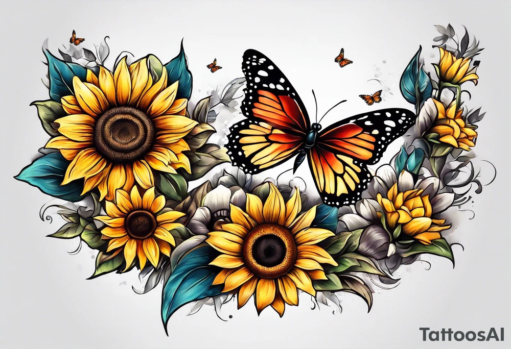 Sleeve with butterflies and sunflowers tattoo idea