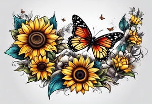 Sleeve with butterflies and sunflowers tattoo idea