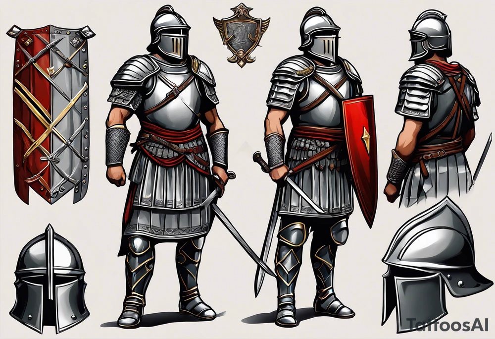 a roman soldier from AD 60, wearing armor which must include an armoured belt, breastplate, armoured shoes, shield, helmet and sword.
the soldier must look strong. the soldier is faceless. The image must include the full person, not just the top half tattoo idea