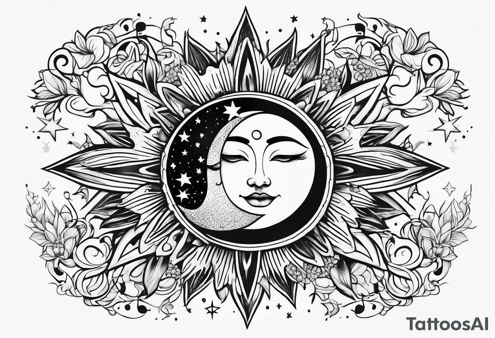 Sun moon and stars without facial features tattoo idea