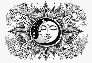Sun moon and stars without facial features tattoo idea