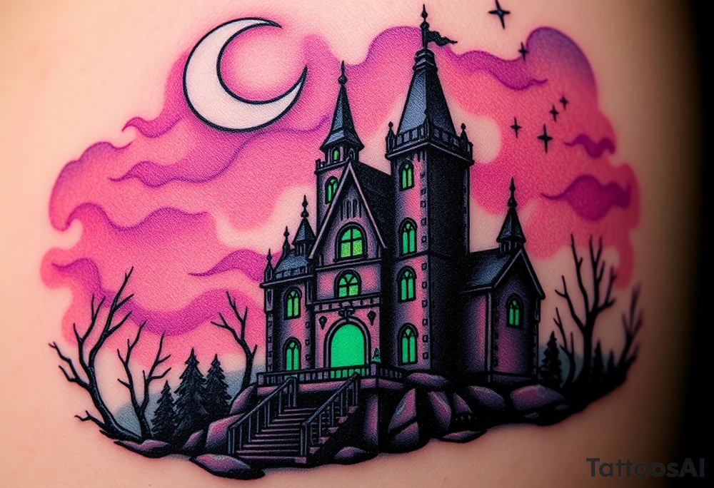Tim Burton’s disney sleeping beauty’s haunted castle is abandoned and dripping with muted reds, dusty pinks, and eerie green glow.purple and cyan smokey clouds swirl in the crescent moonlit sky thats sprinkled with stars tattoo idea tattoo idea