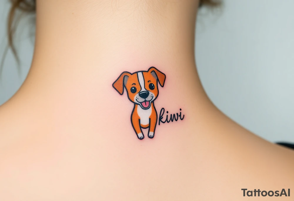 One line tattoo of female dog with white strip going up dog’s snout slightly off centered. With tongue slightly out and the name kiwi tattoo idea