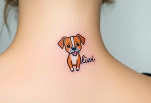 One line tattoo of female dog with white strip going up dog’s snout slightly off centered. With tongue slightly out and the name kiwi tattoo idea