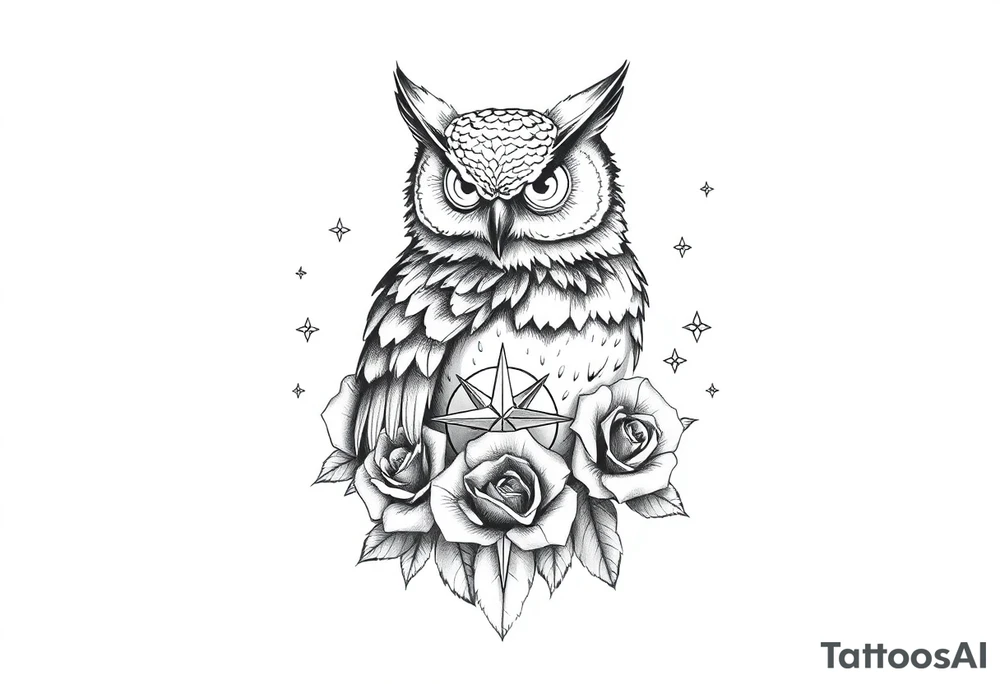 an owl,compass,roses,stars. tattoo idea