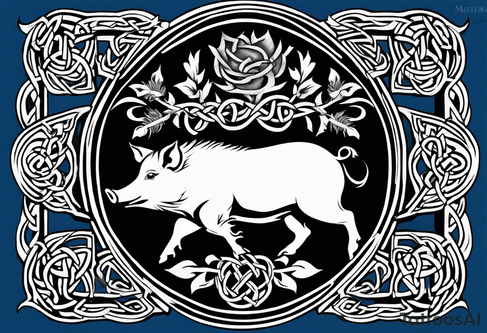 Side profile, Celtic, tribal, wild boar, On a Chatwin family crest with blue background, two gold stars, and a gold Chevron, and a Thistle. With bold black tribal lines. ancient Celtic, tribal boar tattoo idea