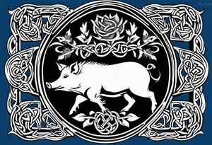 Side profile, Celtic, tribal, wild boar, On a Chatwin family crest with blue background, two gold stars, and a gold Chevron, and a Thistle. With bold black tribal lines. ancient Celtic, tribal boar tattoo idea