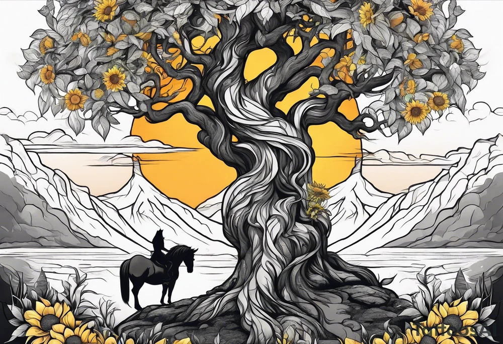 Yggdrasil tree, horse in front of it, and sunflowers tattoo idea