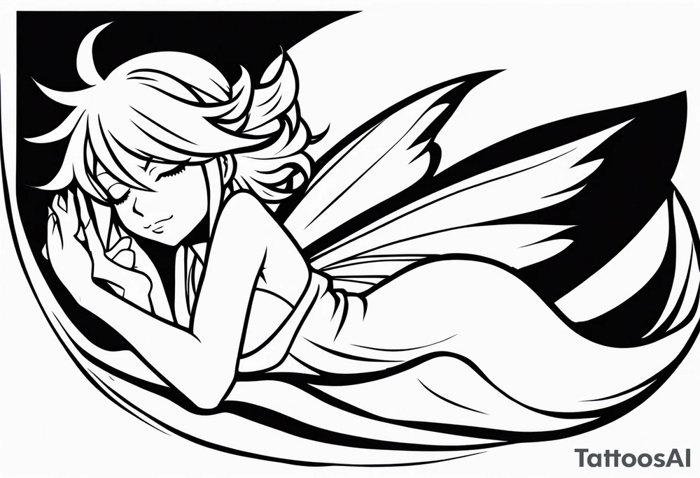 No color fairy with a tail inspired by the logo of the anime show called Fairy Tail in a fetal position leaning in and forward while sleeping tattoo idea