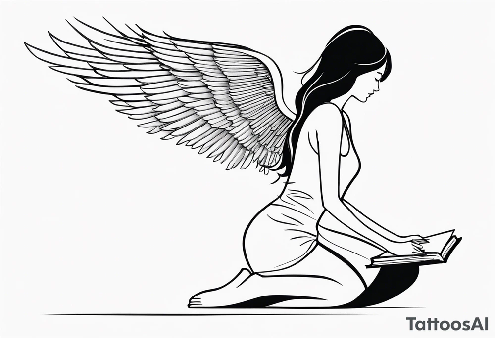 Kneeling Girl with angel wings, side profile, holding a stack of books that are open with silhouettes of birds flying out of them. Smaller and more  minimalistic. tattoo idea