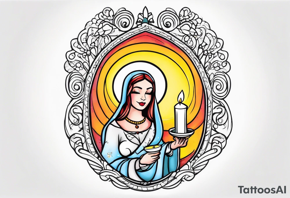 virgin maria holds 1 candle in her hand, tattoo should be full color tattoo idea