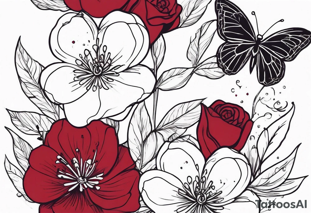 Flowers with "Ruby" in calligraphy font and butterflies around it tattoo idea