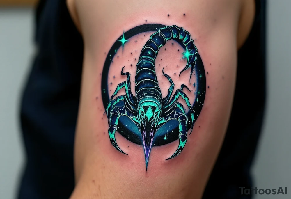 Midnight blue surrounds the sharp emerald curve of the Scorpius star constellation, like venom ready to sting. tattoo idea