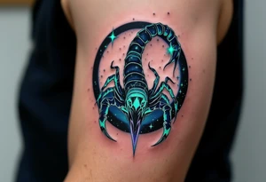 Midnight blue surrounds the sharp emerald curve of the Scorpius star constellation, like venom ready to sting. tattoo idea