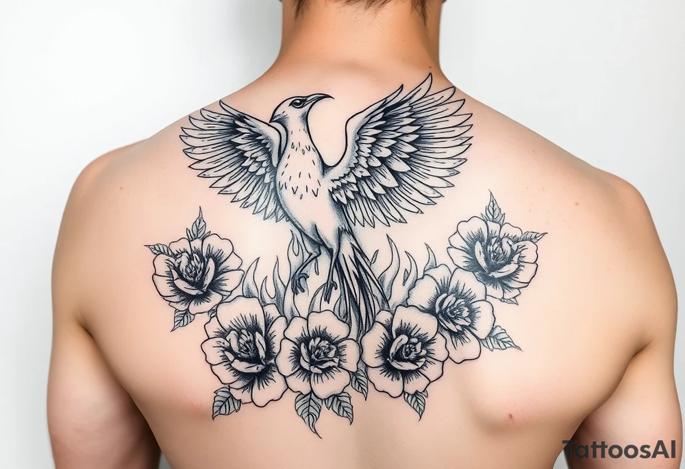 A pheonix rising out of fire surrounded by carnation flowers on the upper arm tattoo idea