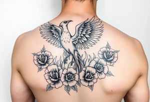 A pheonix rising out of fire surrounded by carnation flowers on the upper arm tattoo idea