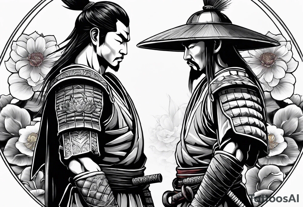 Samurai warrior and Roman spartan warrior facing off, include lotus flowers in the background, both warriors should appear aggressive looking ready for battle,  turn this into a forearm sleeve tattoo idea
