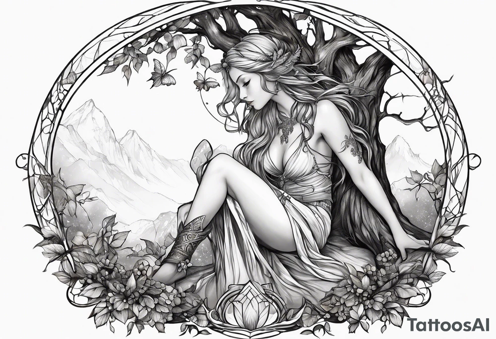 Fairy crouching with a tree coming out of wings tattoo idea