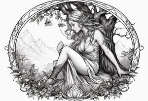 Fairy crouching with a tree coming out of wings tattoo idea