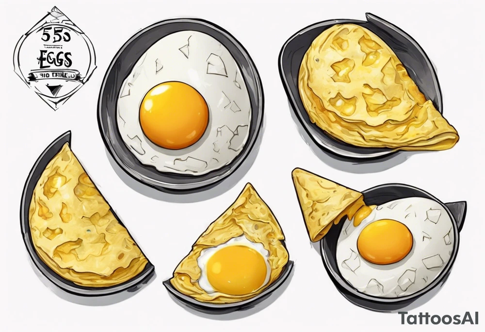 A round, thin omelette made from five eggs, with a triangular piece cut out containing the yolk tattoo idea