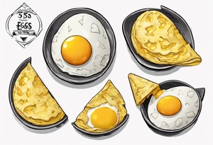 A round, thin omelette made from five eggs, with a triangular piece cut out containing the yolk tattoo idea