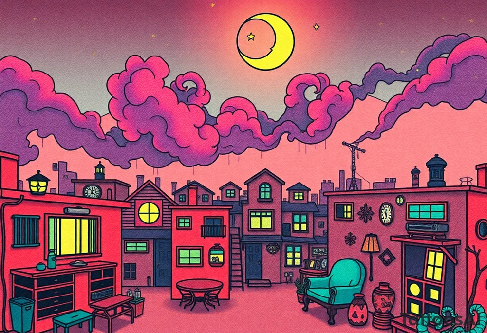 Tim Burton’s haunted pastel Tokyo apartment and dripping with muted reds, dusty pinks, and eerie green glow.purple and cyan smokey clouds swirl in the crescent moonlit sky thats sprinkled with stars tattoo idea tattoo idea