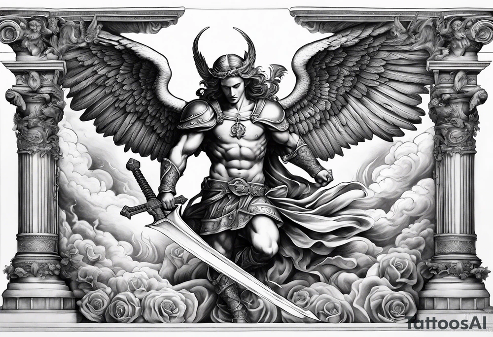 Arm sleeve of St Michael plunging a sword into the devil which is laying on the stairway to heaven. Angels and demons are fighting all around tattoo idea