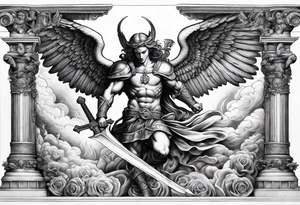 Arm sleeve of St Michael plunging a sword into the devil which is laying on the stairway to heaven. Angels and demons are fighting all around tattoo idea