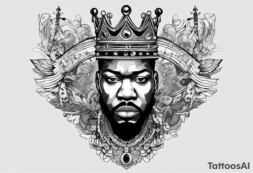 A black king surrounded by music tattoo idea