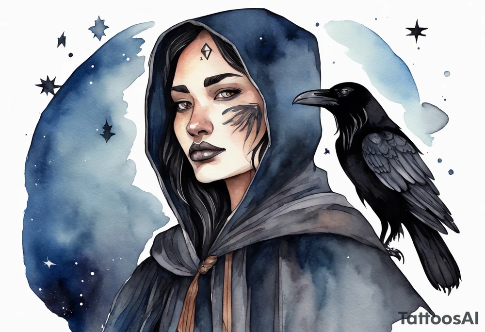 Watercolor of a Dakota woman with a black cloak, standing before the night sky, a raven on her shoulder tattoo idea