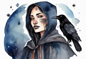 Watercolor of a Dakota woman with a black cloak, standing before the night sky, a raven on her shoulder tattoo idea