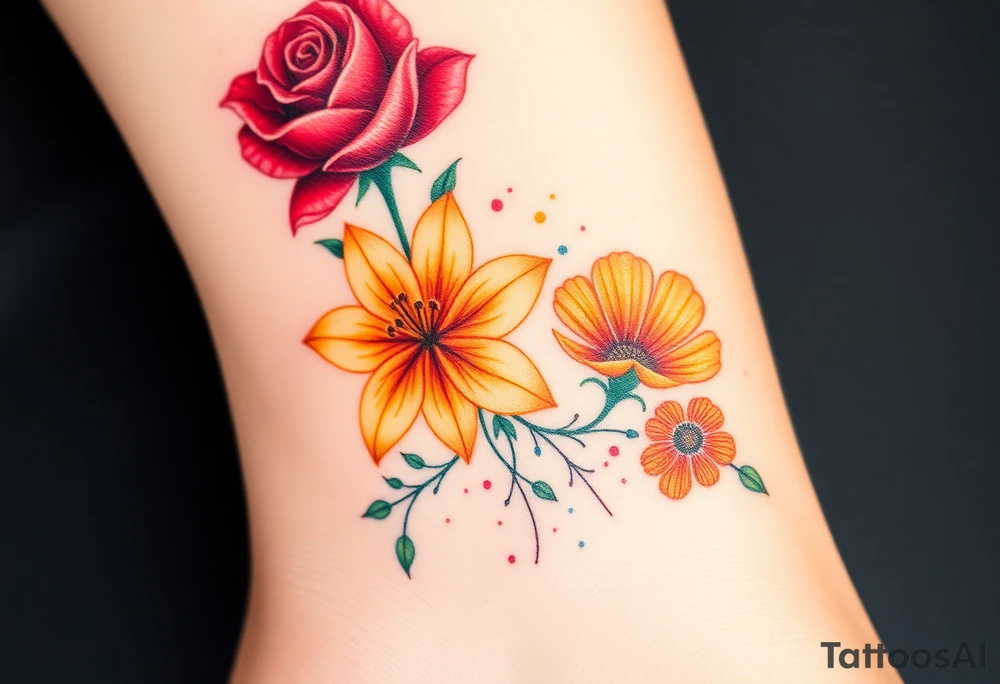 a colorful, vibrant, watercolor tattoo with one red rose, one orange lily, one gold marigold, and one orange cosmos flower and with splashes of color tattoo idea