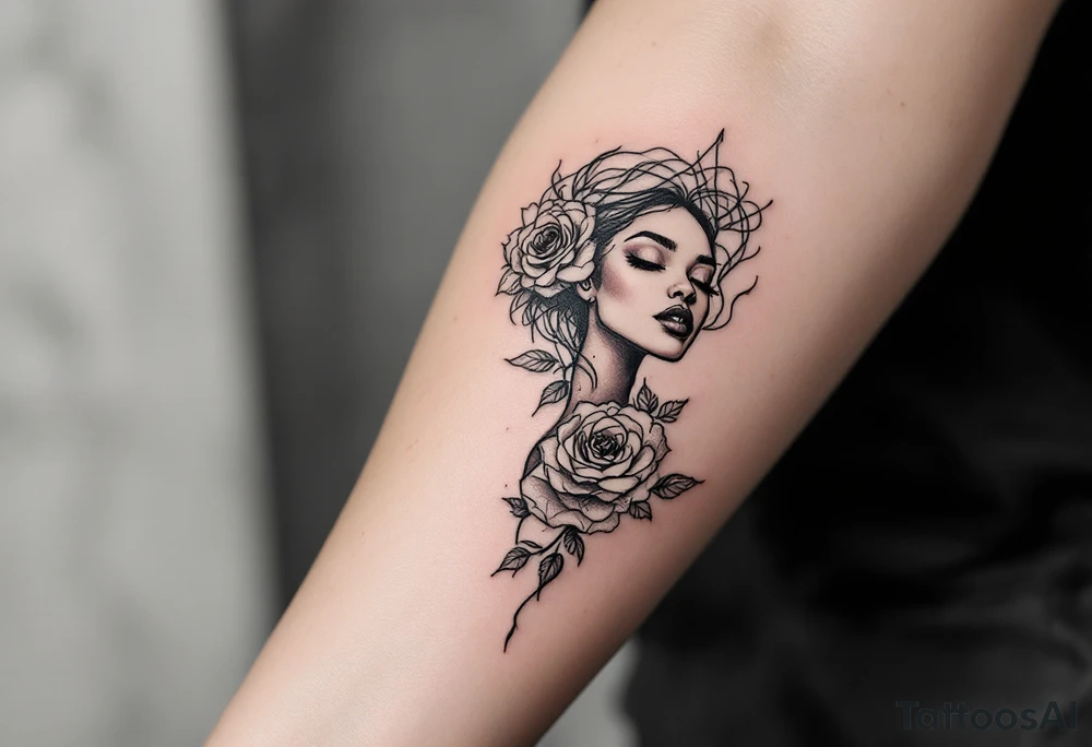 A tattoo with a black woman in it about divinity and roses tattoo idea