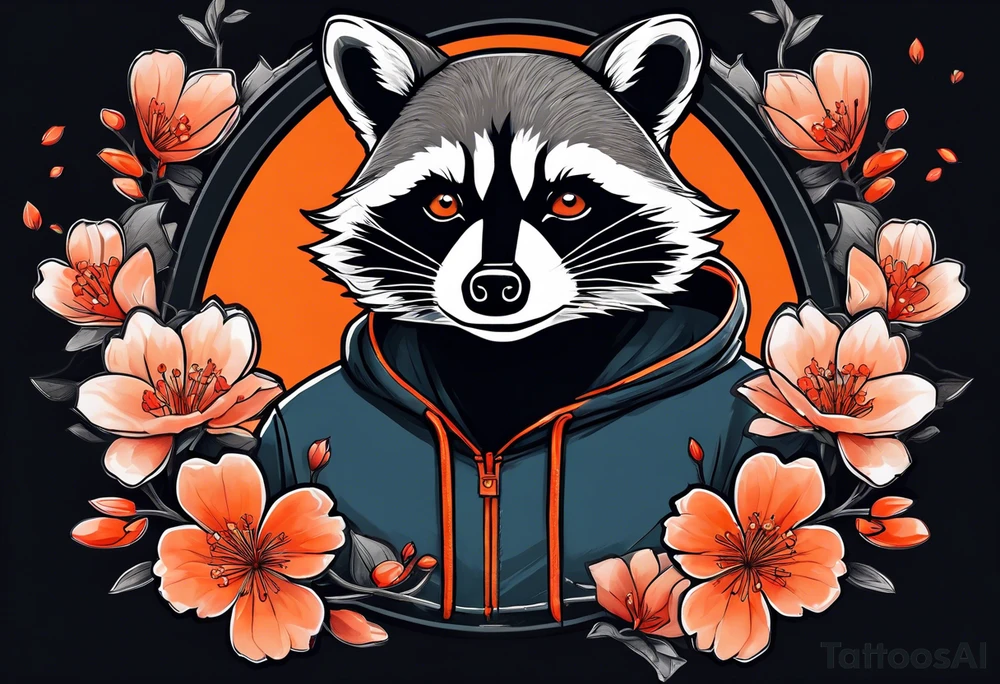 Raccoon wearing a white Superman logo on a black hoodie and orange Japanese cherry blossoms beside tattoo idea