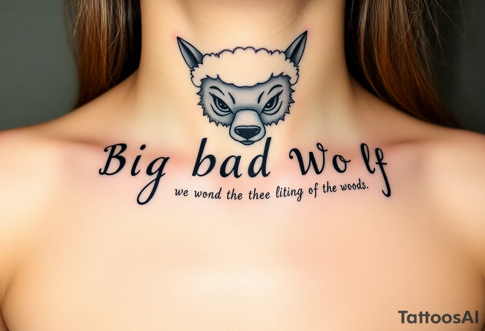 Big bad wolf nursery rhyme wearing a sheep costume with sheep head hood to kill and eat the three little pigs and little red riding hood in the woods tattoo idea