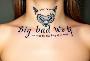 Big bad wolf nursery rhyme wearing a sheep costume with sheep head hood to kill and eat the three little pigs and little red riding hood in the woods tattoo idea