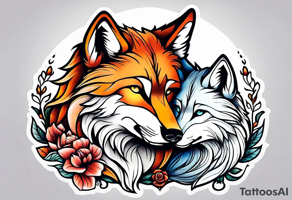 Wolf and fox nuzzling tattoo idea